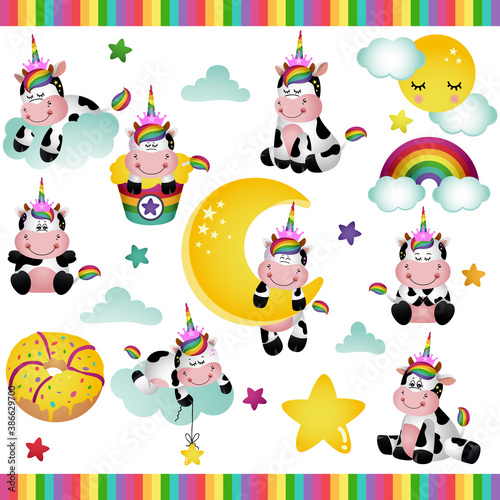 Set digital elements of magical unicorn cow 