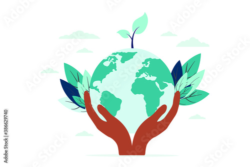 vector illustration, hands close the planet from pollution, save the planet, a small process of a plant, save energy, Earth Day concept - vector