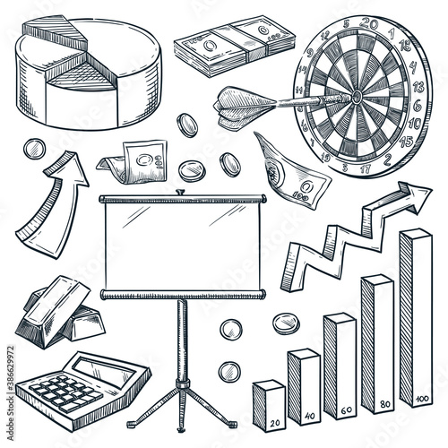 Investment and finance business icons. Hand drawn vector sketch illustrations. Commerce and marketing design elements