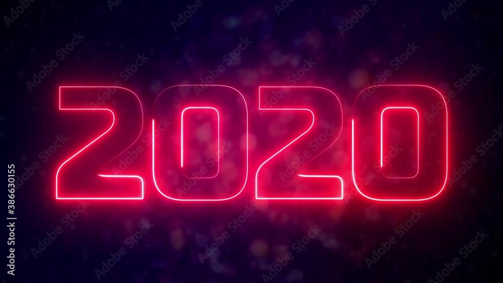 2020 - 2021 change Happy New Year neon sign background.
Blue colored glowing 2020 turning to red color then changing for green 2021. Particles with bokeh in the background. 4K animation