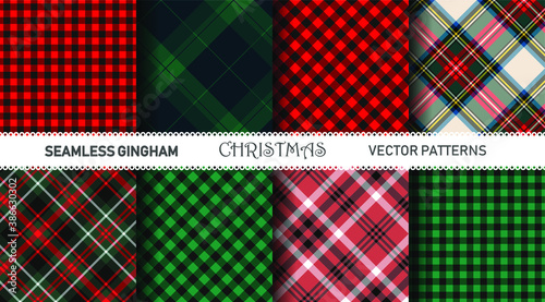 Seamless vector plaid patterns. Set of Christmas tartan gingham patterns. Collection of happy new year traditional backgrounds. For packaging, fabric, textile, cover etc.