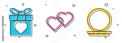 Set Gift box and heart, Two Linked Hearts and Makeup powder with mirror icon. Vector.