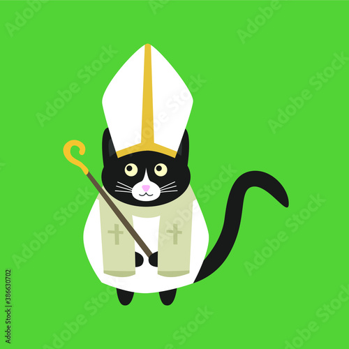 Cute black cat Pope in a white cassock and a white hat with a rod in his paws. Doodle flat illustration vector.