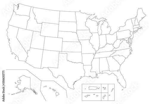 Outline United States Of America map. US background template. Map of America with separated countries and interstate borders. All states and regions are named in the layer panel