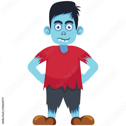 
A  blue faced halloween character grumpy standing in red shirt
