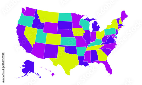 Colored United States Of America map. US background template. Map of America with separated countries and interstate borders. All states and regions are named in the layer panel