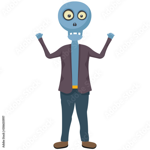 
A  blue faced halloween character grumpy standing in red shirt
