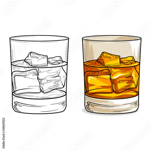 Glass of whiskey with ice on a white background