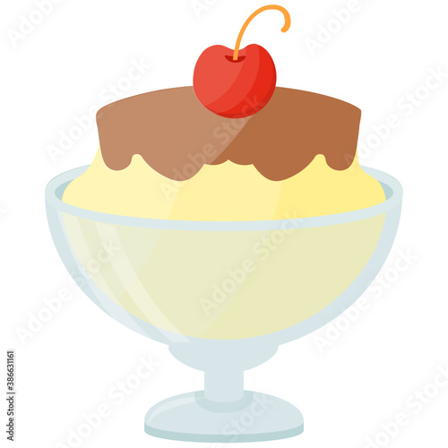 
Vanilla ice cream with chocolate topping having strawberry on top symbolizing vanilla sundae ice cream 
