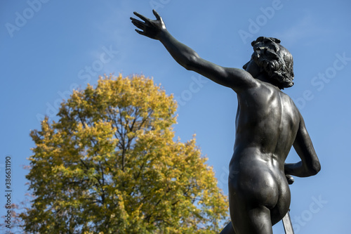 David and Goliath sculpture placed in Parc des Bastions in Geneva