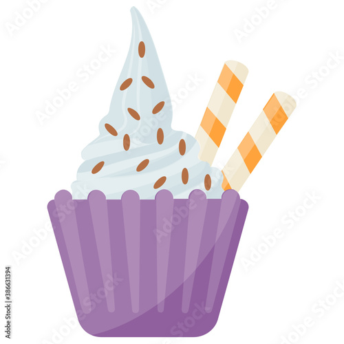 
A cupcake shaped dessert in chocolate flavour with chocolate chips over it 
