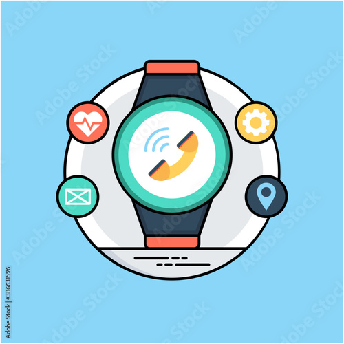 
A smartwatch having different small graphic of location, health, settings and mail symbolizing wearable technologies 
