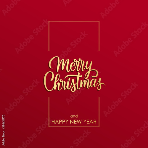 Christmas holiday card with gold handwritten Merry Christmas greetings on red background. Vector illustration.