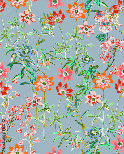 Embroidery Vector Flowers and Leaves Scribble Style Fashion Print Stylish Texture Elegant Concept Colorful Garden Look Wild Florals