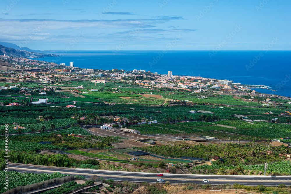 Panoramic view of Puerto de la Cruz in Tenerife with banana plantations