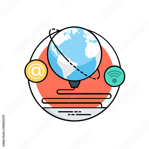 
An icon with background globe and a person in center having different connections around it, describing the concept of global network 
