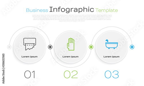 Set line Paper towel dispenser on wall, Rubber gloves and Bathtub. Business infographic template. Vector.