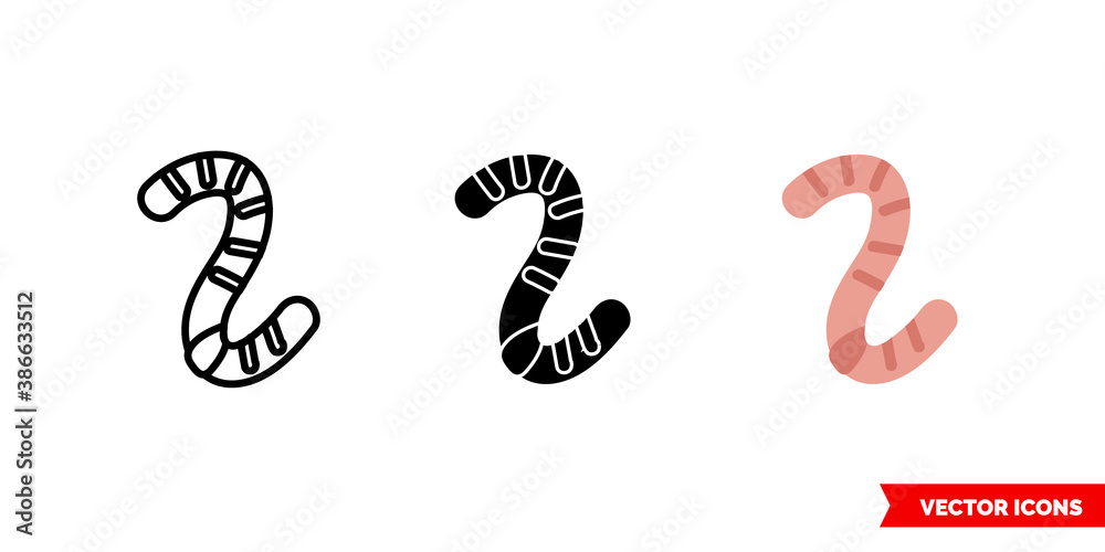 Earth worm icon of 3 types color, black and white, outline. Isolated vector sign symbol.