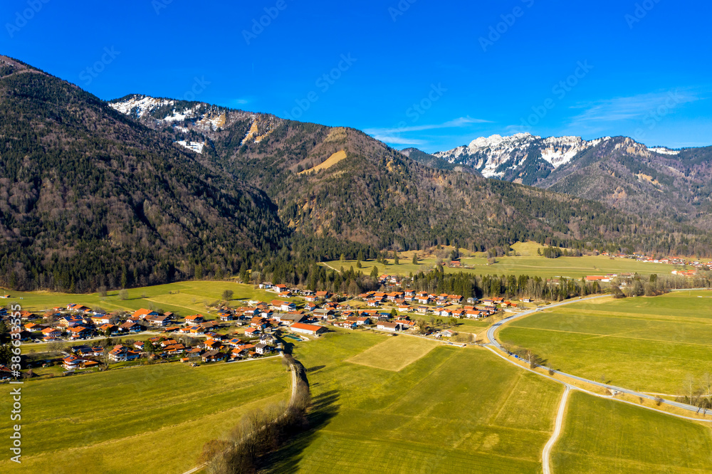 Aerial view, view of Schleching im Achental, Traunstein district, Chiemgau, Tyrol, Germany