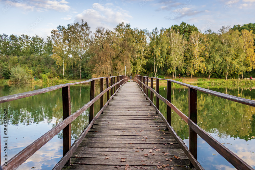An old wooden bridge at Lake Gebart (Gebarti-to) in Zalaegerszeg, Hungary