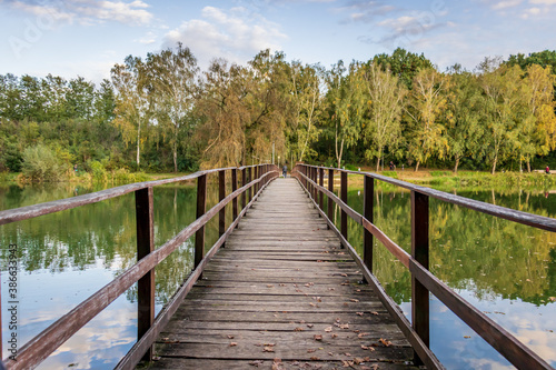 An old wooden bridge at Lake Gebart  Gebarti-to  in Zalaegerszeg  Hungary