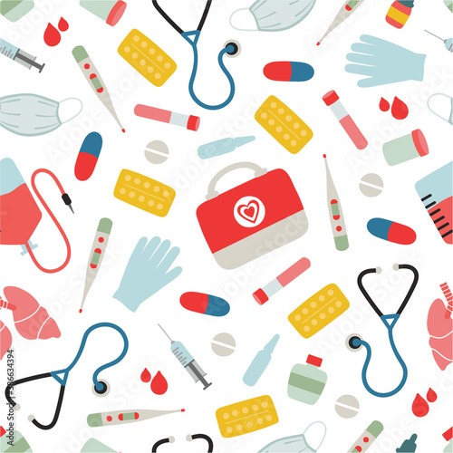 Vector seamless pattern with medical devices, pills, protective medical masks, and gloves. Medical seamless texture isolated on white background. 