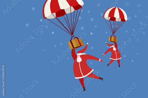 Santa Clauses with a gifts flying in hot air balloons 