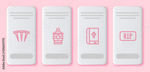 Set line Metallic nails, Funeral urn, Holy bible book and Speech bubble rip death. White rectangle button. Vector.