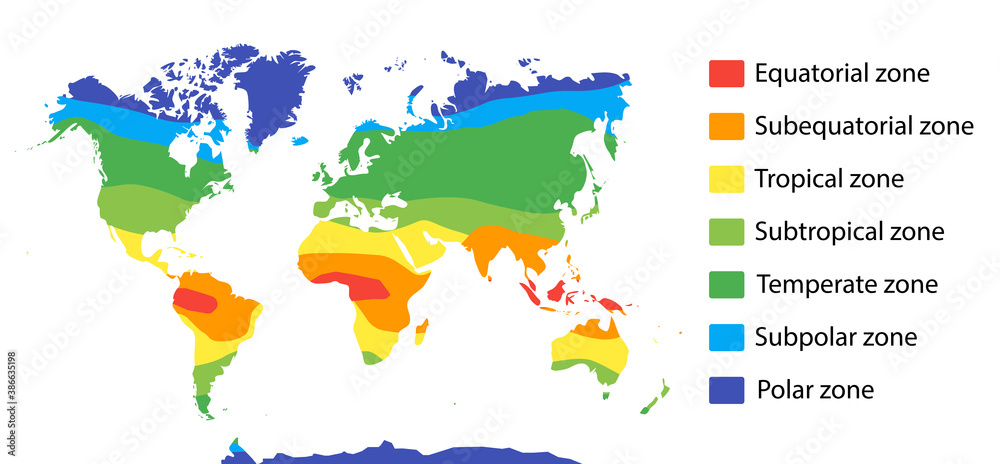 climate zones map. Vector with equatorial, tropical, polar, temperate and  sub- zones vector de Stock | Adobe Stock