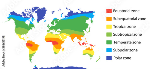 Obraz na płótnie climate zones map. Vector with equatorial, tropical, polar, temperate and sub- zones w salonie