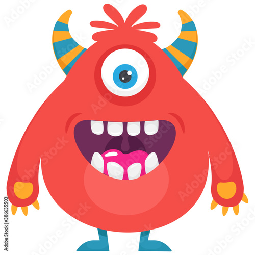  A one eyed red monster with small horns on head and open mouth  furry fuzzy monster  