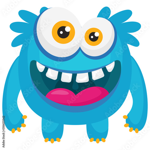 
A horrible faced blue monster with bulging eyes and folded sharp horns, horned monster 
