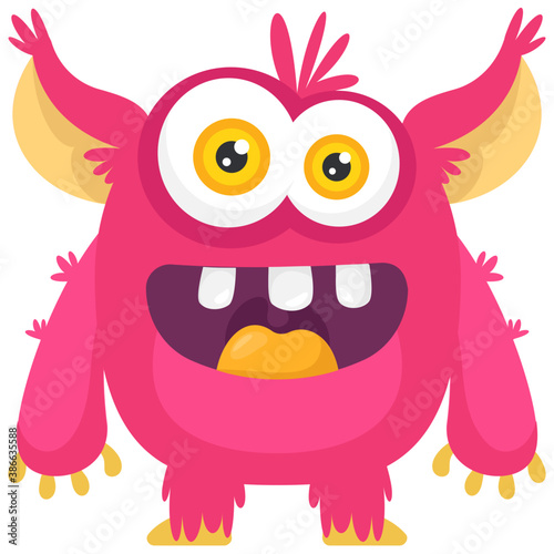 
A one eyed red monster with small horns on head and open mouth, furry fuzzy monster 
