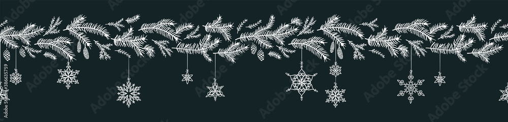 Cute hand drawn fir branches seamless pattern, lovely winter and christmas background with doodle stars, great for textiles, banners, wallpapers, cards - vector design