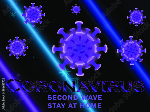 coronavirus COVID - 2019 on a blue background. Second wave. 3 d model of the coronavirus bacteria. vector graphics