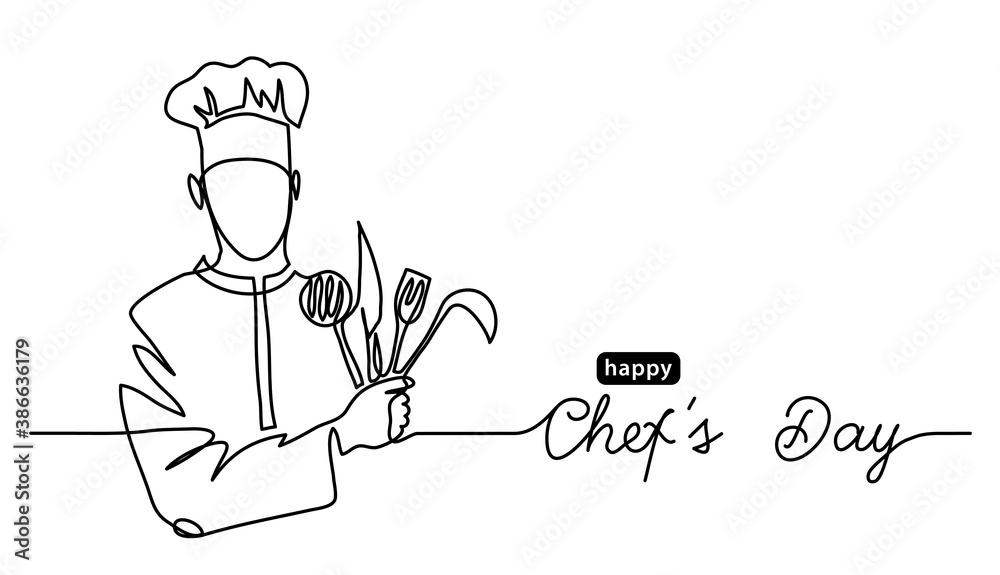 Happy Chefs Day simple vector web banner, border, background, poster. Lineart illustration with text Chefs Day. One continuous line drawing.