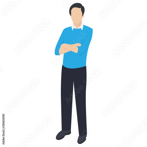 
Man standing with side pose and arms folded showing gesture of thinking 
