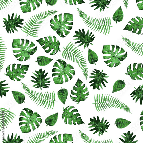 Exotic tropical natural green leaves vector composition on white background. Beach seamless pattern wallpaper © Екатерина Соболева