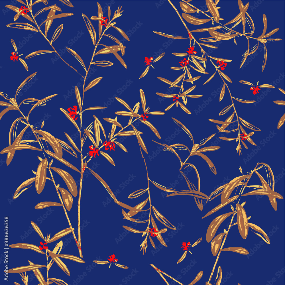 Obraz premium Botanical Wild Leaves and Florals Seamless Pattern Trendy Fashion Colors Stylish Elegant Concept Theme Perfect for Allover Fabric Print