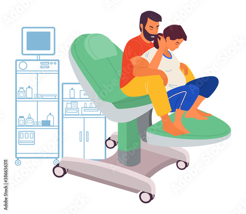 Pregnancy preparing, wife and husband make a position check sitting on a medical chair. Exercising for pregnant woman, giving birth position. Female character waiting for childbirth with caring man
