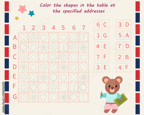 Logic game for children. Find the figures at the address. Color only these shapes