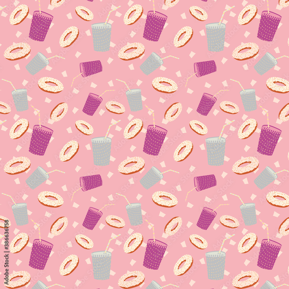 Donuts and drinks in paper mugs, party snacks, digitally illustrated seamless pattern