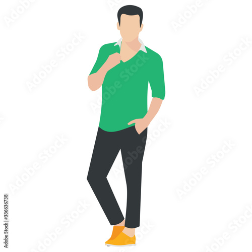 
A guy stylishly dressed up wearing denim upper, shoes and t shirt with chino jeans, looking away and presenting walking gesture 
