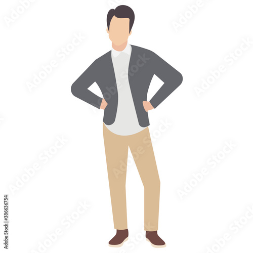 
A guy stylishly dressed up wearing denim upper, shoes and t shirt with chino jeans, looking away and presenting walking gesture 
