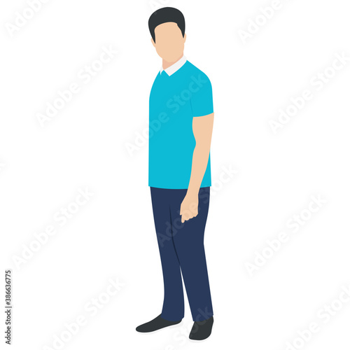 
A guy stylishly dressed up wearing denim upper, shoes and t shirt with chino jeans, looking away and presenting walking gesture 

