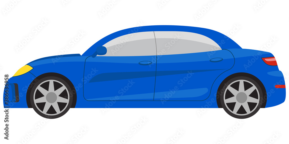 Sedan car side view. Blue automobile in cartoon style.