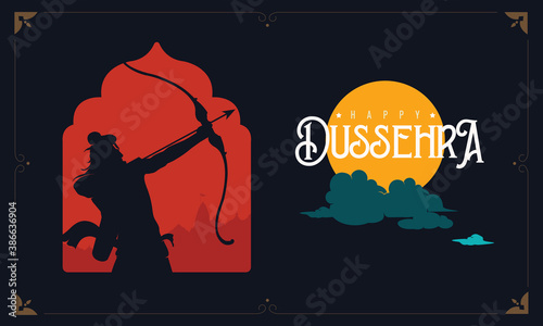 Happy Dussehra text with an illustration of Lord Rama bow arrow and temple background for Indian festival Dussehra