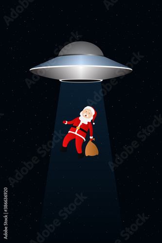 Flying saucer Santa Claus. Vector illustration.