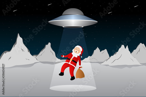 UFO abducting Santa. Vector illustration