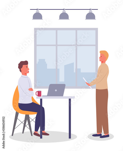 Business meeting, working process. Man manager consulting talking to boss about conclusion of a new contract. Businessman chief sitiing at a table listening to employee holding paper document in hand